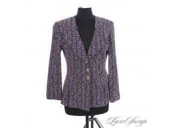RECENT AND EXCEPTIONAL ST JOHN NAVY BLUE PINK CONFETTI FANTASY TWEED PORTRAIT COLLAR JACKET MADE IN USA 10