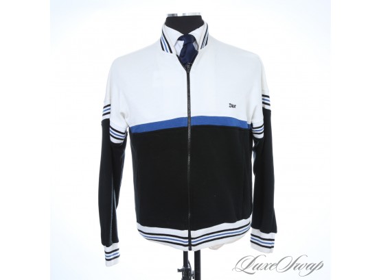INCREDIBLE VINTAGE 1980S MENS CHRISTIAN DIOR WHITE AND BLUE SPLIT CENTER STRIPE KNIT JACKET WITH LOGO XL