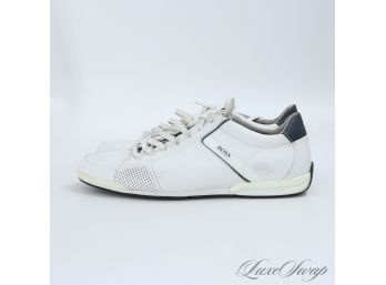 NEAR MINT MODERN AND FRESH MENS HUGO BOSS WHITE LEATHER PERFORATED SNEAKERS SHOES 43 / 10