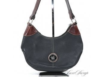 #26 DOONEY AND BOURKE BLACK TUMBLED LEATHER AND BROWN TRIM SMALL MINI 10' HOBO BAG