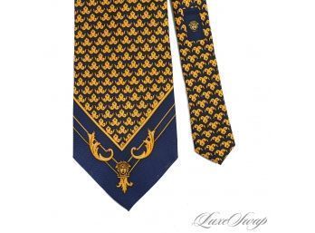 ORIGINAL VINTAGE GIANNI VERSACE COUTURE MADE IN ITALY NAVY SILK TIE WITH GOLD BAROQUE FINIALS