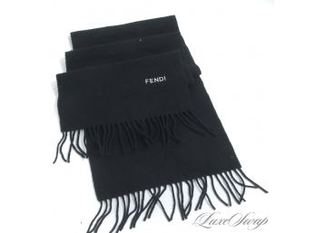 WINTER IS COMING : AUTHENTIC FENDI BLACK WOOLEN FLANNEL FRINGED SCARF WITH EMBROIDERED LOGO