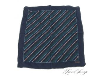 VERY RARE VINTAGE 1970S 1980S GUCCI MADE IN ITALY BLUE AND GREEN HORSEBIT LINK STRIPED SILK POCKET SQUARE