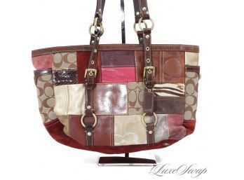 #25 AUTHENTIC AND AWESOME COACH LARGE 14' PATCHWORK QUILTED MULTI PRINT LEATHER SUEDE CANVAS TOTE BAG