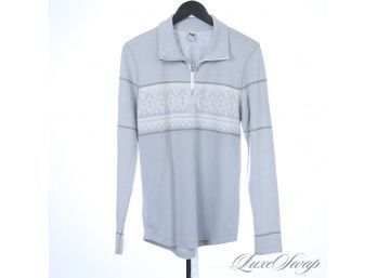 CULT FOLLOWING : MENS DALE OF NORWAY PALE ICE GREY BLUED 1/2 ZIP ROADSTER SWEATER WITH SNOWFLAKE PRINT