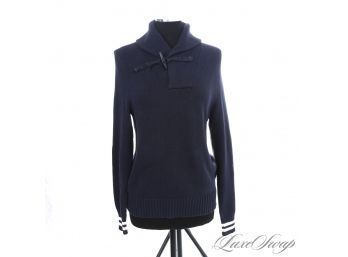 FOR THE WINTER SAILORS! RUGBY RALPH LAUREN MENS NAVY BLUE SHAWL COLLAR TOGGLE SWEATER WITH CUFF STRIPE S