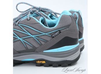 MINT CONDITION THE NORTH FACE 'HEDGEHOG FASTPACK' STEEL GREY AND AQUA BLUE MESH CLIMB SNEAKERS WOMENS 10