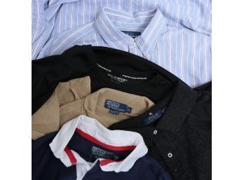 INCREDIBLE LOT OF 5 VINTAGE AND NEW MENS RALPH LAUREN SHIRTS INCLUDING POLO AND POLO SPORT, VARIOUS SIZES