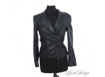 FALL PERFECT! NEAR MINT AND RECENT WOMENS AQUA BLACK NAPPA LEATHER MOTORCYCLE JACKET M