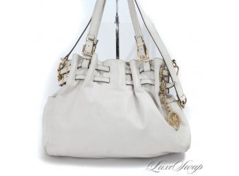#32 MASSIVE MICHAEL KORS OFF WHITE SOFT TUMBLED LEATHER LARGE 16' DOUBLE BUCKLED STRAP SLOUCHY TOTE BAG