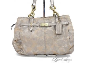 #15 PERFECT EVERYDAY BAG! COACH LARGE 15' TRIPLE GUSSET CHAMPAGNE CANVAS ALLOVER CC TURNLOCK PLATE BAG