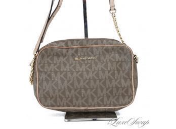 #10 FALL PERFECT! AUTHENTIC MICHAEL KORS BROWN MK ALLOVER MONOGRAM AND GOLD CHAIN CROSSBODY CASSETTE BAG