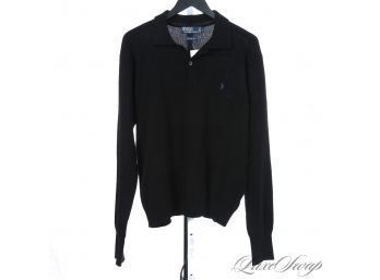 PERFECT : MENS POLO RALPH LAUREN BLACK PURE LAMBSWOOL KNIT LONGSLEEVE POLO SWEATER WITH PURPLE PONY L