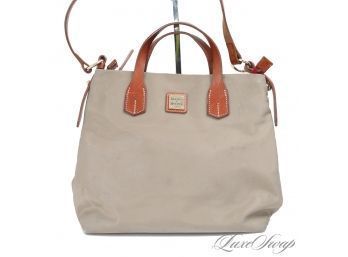 #28 FALL PERFECT DOONEY AND BOURKE MUSHROOM BROWN MICROFIBER TOTE BAG W/LEATHER TRIM AND STRAP