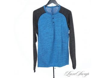 NEAR MINT MENS LULULEMON PEACOCK BLUE AND CHARCOAL STRIATED MARLED KNIT STRETCH HENLEY SHIRT