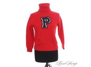 THE MOST ICONIC! THICK AND BLAZING RED RALPH LAUREN CASHMERE BLEND 'P' VARSITY LOGO TURTLENECK SWEATER S