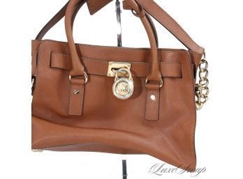 #23 EVERYDAY ESSENTIAL MICHAEL KORS VICUNA BROWN SAFFIANO LEATHER KELLY STYLE BAG WITH CHAIN STRAP