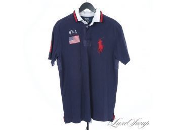 THE MOST WANTED OF ALL TIME MENS POLO RALPH LAUREN NAVY WHITE AND RED 'BIG PONY' USA FLAG PATCH POLO SHIRT L