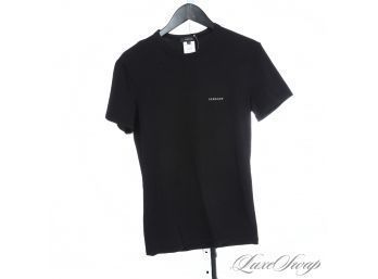 NEAR MINT AND RECENT MENS VERSACE BLACK LABEL COUTURE SOLID BLACK TEE SHIRT WITH SPELLOUT LOGO 3