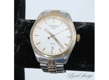 CLASSIC ELEGANCE : TISSOT 1853 PR-100 STAINLESS STEEL AND GOLD WATCH WITH DATE FUNCTION ON METAL BRACELET