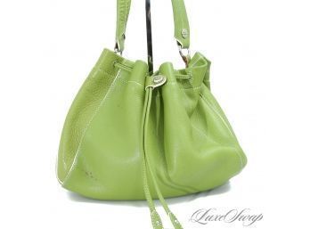 #21 FUN COLOR! COLE HAAN LIME / GRASS GREEN TUMBLED LEATHER DRAWSTRING SHOULDER BAG