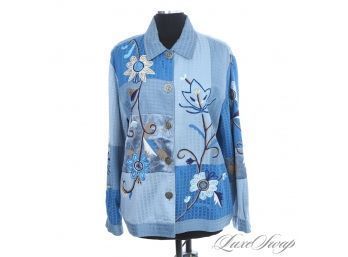 NEAR MINT AND TOTALLY AWESOME INDIGO MOON WOMENS MULTI BLUE GRID CHECK ARI EMBROIDERED FLORAL JACKET L