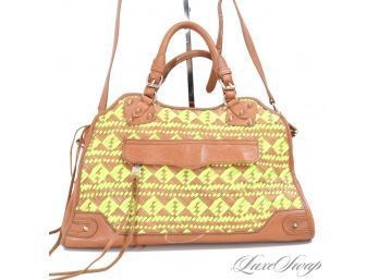 #31 LOVE LOVE LOVE THIS! REBECCA MINKOFF LUGGAGE TAN LEATHER SATCHEL BAG WITH NEON BRAIDED FRONT LARGE 14'