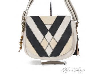 #8 RETRO VIBES AND AWESOME STEVE MADDEN DIRTY IVORY AND BLACK PATCHWORK EFFECT FLAP BAG WITH TASSELS