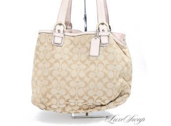 #27 ALL TIME CLASSIC COACH CHAMPAGNE TAN MONOGRAM CANVAS AND PINK PATENT LEATHER TRIM LARGE 15' BAG