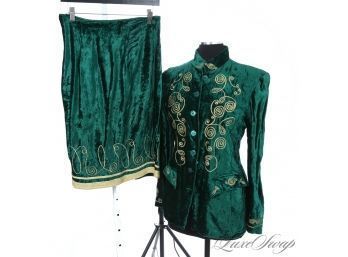 THE DETAIL! THE COLORS! VINTAGE WAREHOUSE EMERALD GREEN CRUSHED VELVET GOLD SCROLL EMBROIDERY 2 PIECE SUIT 12