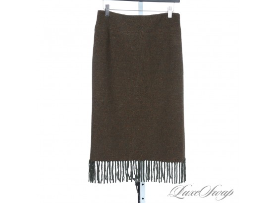 FALL PERFECT! RALPH LAUREN BLACK LABEL USA MADE CASHMERE BLEND OLIVE DONEGAL TWEED FRINGED SKIRT 6