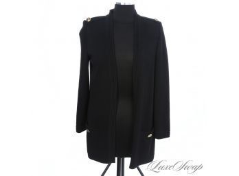 #4 ST. JOHN BLACK LABEL SOLID BLACK STRETCH KNIT BUTTONLESS CARDIGAN JACKET WITH GOLD BUTTON EPAULETS S