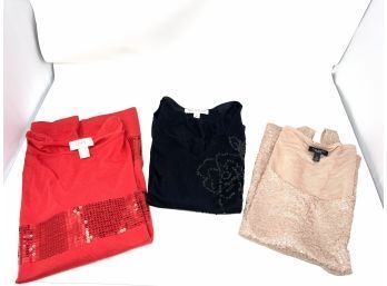 LOT OF 3 WOMENS BLACK, BLUSH AND CHERRY RED TOPS WITH SEQUIN ACCENTS FROM WHBM USA MADE (!!), TALBOTS, & LOFT