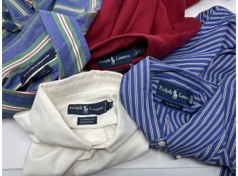 THAT PONY!! LOT OF 4 MENS POLO RALPH LAUREN SOLID WHITE AND RED, 2X BLUE PLAID BUTTON DOWN SHIRTS SIZE M