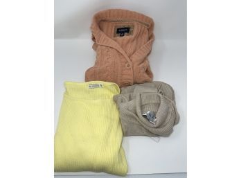FOR FALL!! LOT OF 2 TOPS & 1 CABLE SWEATER INCL. BNWT PURE SILK LEILEI SIZE S/M, MUSHROOM, APRICOT, CITRUS