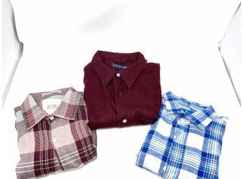 ISLAND LIFE!! LOT OF 3 MENS TOSCANO, TASSO ELBA, & STRUCTURE BLUE PLAID, SOLID WINE, RED CHECK SHIRTS SIZE M