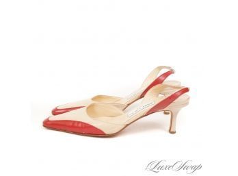 ADORE THESE : JIMMY CHOO MADE IN ITALY NATURAL EGGSHELL LEATHER RED CONTRAST SLINGBACK SHOES 37.5