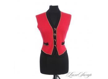 NEAR MINT AND HOLIDAY PERFECT ST. JOHN CHERRY RED KNIT PIPED BORDER GOLD BUTTON CARDIGAN SWEATER VEST S