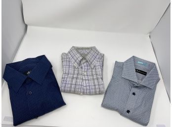 LOT OF 3 MENS DRESS SHIRTS FROM NEIMAN MARCUS, NORDSTROM, & CK SIZE M, NAVY STRIPE, PURPLE PLAID, X'S AND O'S