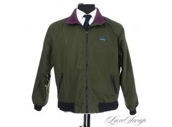 THE ONE EVERYONE WANTS! VINTAGE MENS LL BEAN 'WARMUP JACKET' IN OLIVE GREEN WITH PURPLE FLEECE TRIM