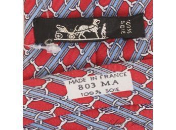 #1 AUTHENTIC MENS HERMES PARIS MADE IN FRANCE SILK TIE - RED GEOMETRIC CHAINS 803 MA
