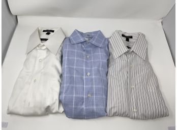 ESSENTIAL LOT OF 3 MENS GEOFFREY BEENE SOLID PALE GREY, BLUE PLAID, GREY STRIPED DRESS SHIRTS SIZE 14 1/2