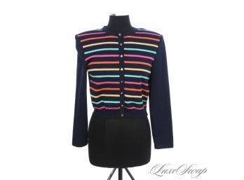 #2 ST. JOHN COLLECTION NEAR MINT BLACK/NAVY STRETCH KNIT CARDIGAN SWEATER WITH RAINBOW STRIPES P