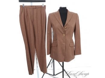 FALL POWER : NEAR MINT LUCIANO BARBERA MADE IN ITALY TOBACCO BROWN CASHMERE BLEND PINSTRIPE WOMENS SUIT 42