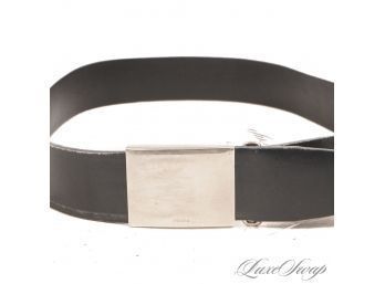 THE ONE EVERYONE WANTS! AUTHENTIC PRADA MADE IN ITALY MENS BLACK LEATHER WIDE SILVER SLIDER BUCKLE BELT 34