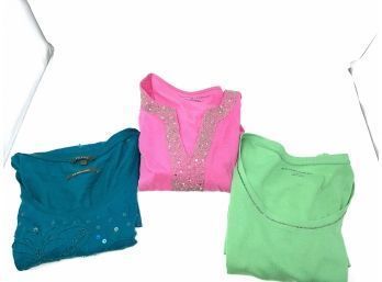 THE BEST!! LOT OF 3 MODERN WOMENS PINK, PEACOCK BLUE AND LIME GREEN SHIRTS FROM POPORI, & NY&CO SIZE M-L