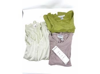 OH MY SILK!! LOT OF 3 WOMENS PURE SILK SHIRTS IN CHARTREUSE, LILAC AND OYSTER, 1 BRAND NEW SIZES S-M