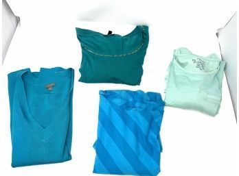 VIBRANT LOT OF 4 TIFFANY BLUE, SEAGLASS, AND TURQUOISE SHIRTS INCL. NWOT TALBOTS & SILK ANN TAYLOR SIZE S/M