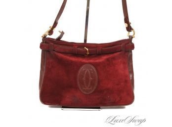 AUTHENTIC AND AWESOME VINTAGE CARTIER 'MUST' SIGNATURE RED LEATHER AND SUEDE CC MONOGRAM 12' SHOULDER BAG