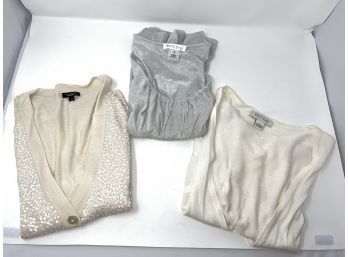 ESSENTIALS : LOT OF 3 WOMENS TALBOTS/wH BM CREAM, ECRU SEQUIN, AND SILVER SHIRTS AND CARDIGANS SIZE M/L 1